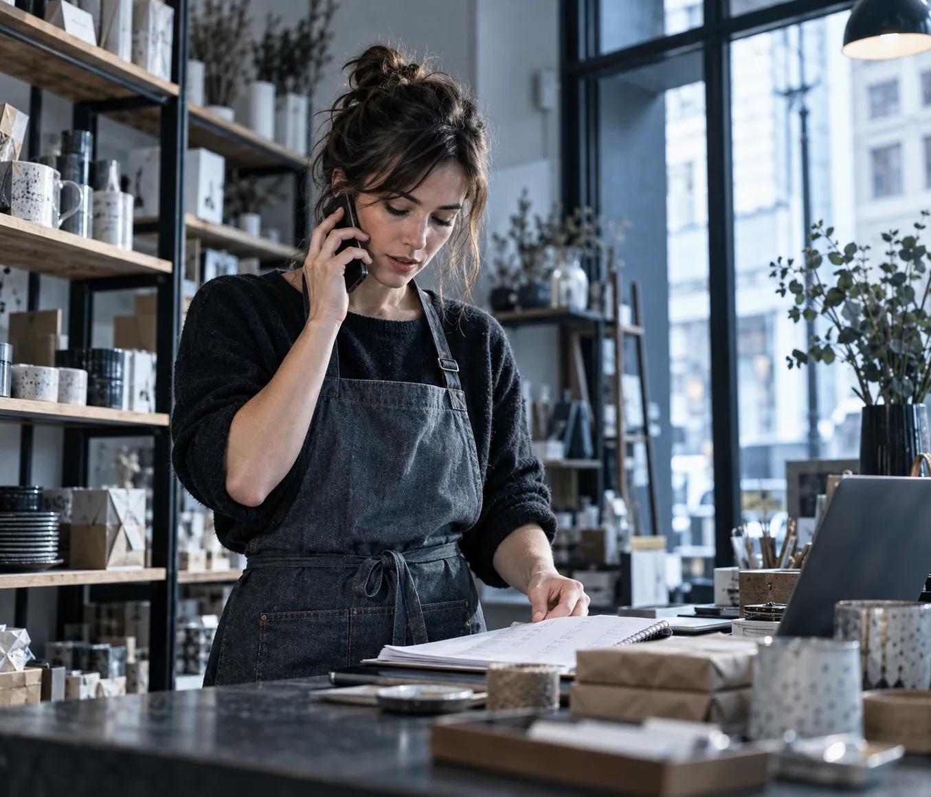 Photo verticale, un patron au téléphone dans son commerce